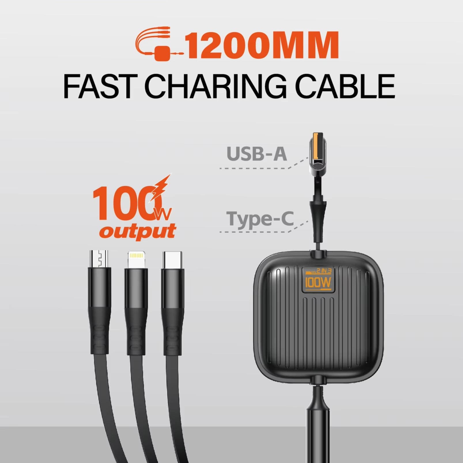 KAXINSI KU98 100W High-Speed 3-in-1 Retractable Charging Cable (1.2m) — image 2