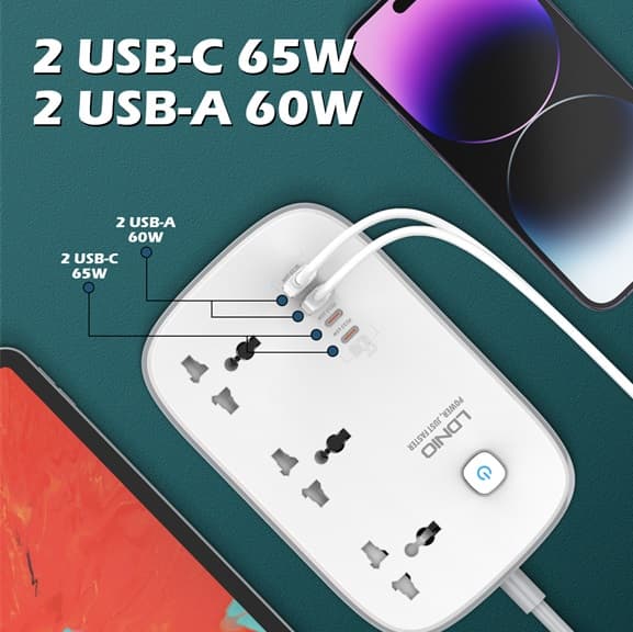 LDNIO SC3416 3 Outlets 65 Watt 4 GaN USB Port Multi Power Strip Plug Boar Extension Socket — image 2