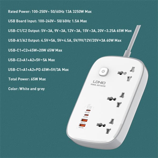 LDNIO SC3416 3 Outlets 65 Watt 4 GaN USB Port Multi Power Strip Plug Boar Extension Socket — image 5