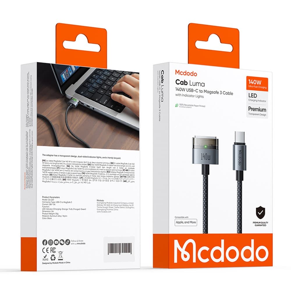 MCDODO CA 207 140W USB-C To MagSafe 3 Charging Cable 2M With LED Indicator & Nylon Braided — image 6