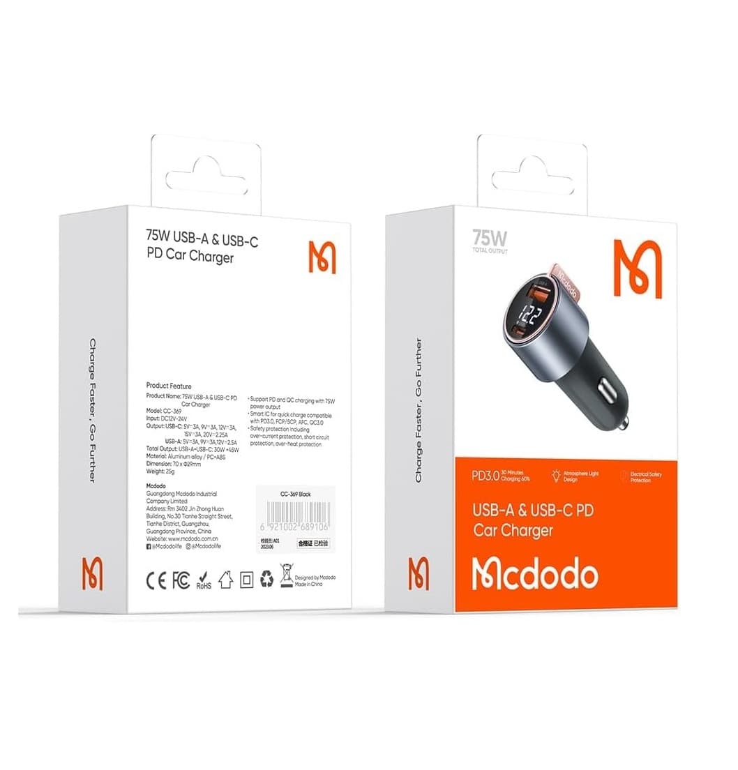 Mcdodo CC369 75W Dual Port USB-A+C Fast Car Charger Adapter — image 5