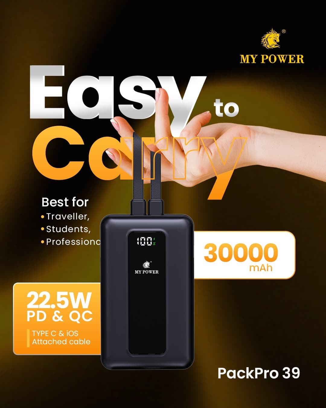 MY POWER Packpro 39 30000mAh Ultra-High Capacity 22.5W Fast Charging Power Bank With Built-in Lanyard Cables — image 2