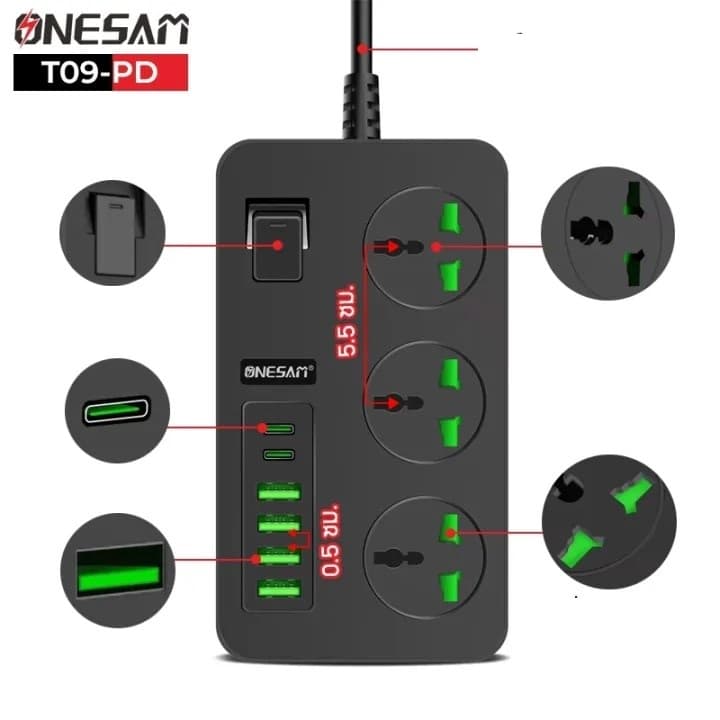 ONESAM T09 PD 3000W Electric Power Socket 4 USB + Type-C EU Multiplug — image 2