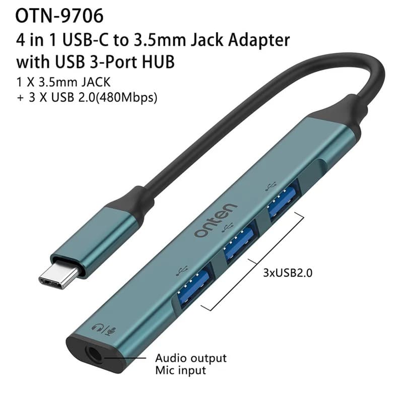 Onten OTN 9706 USB C Hub 3 x USB 2.0 + 3.5mm Audio Adapter Converter — image 4