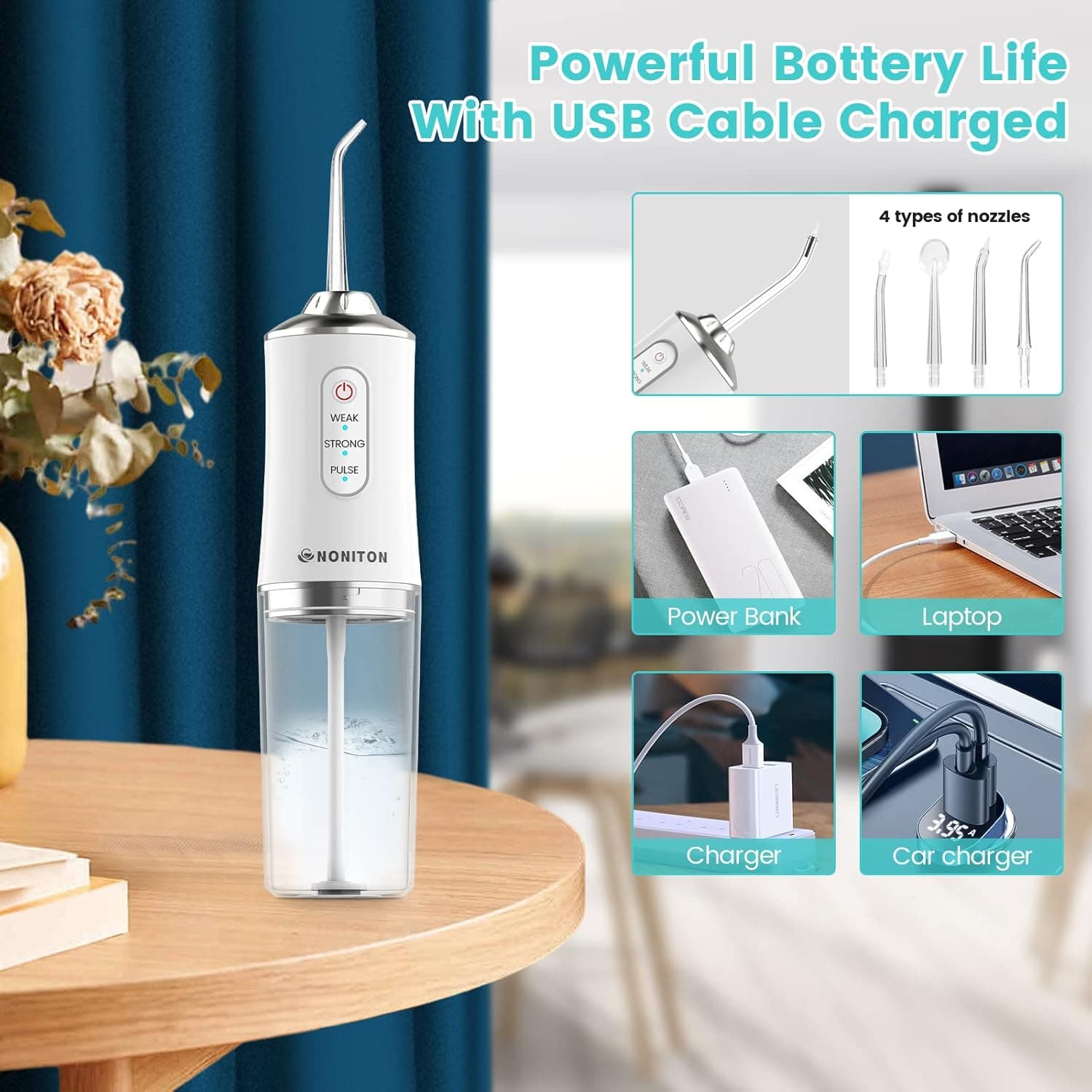 PPS Flush Cordless Rechargeable Water Flosser Dental Oral Irrigator 4 Jet Tips IPX7 Waterproof — image 4