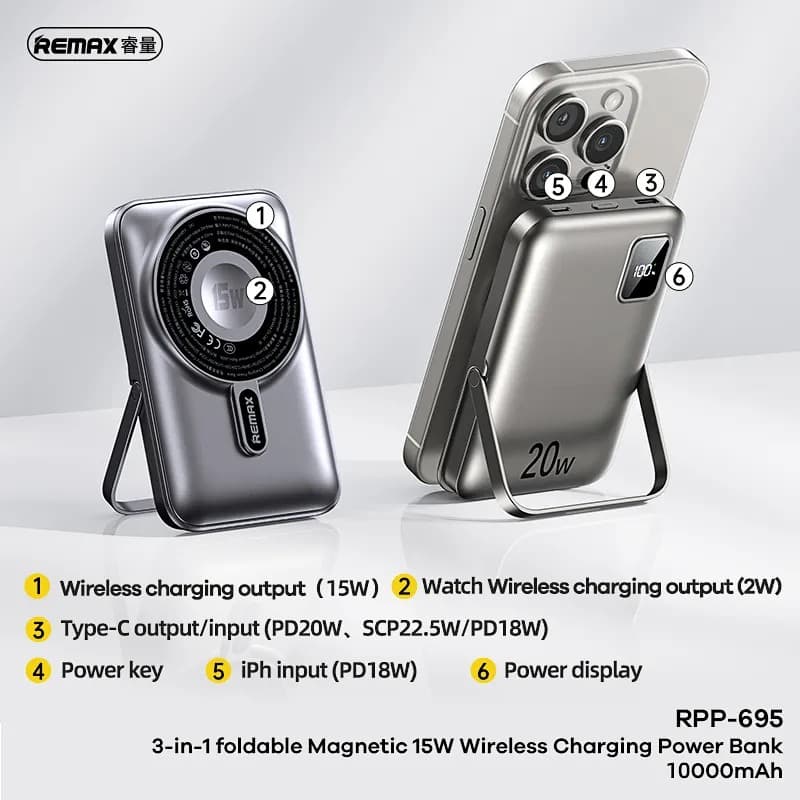 Remax RPP 695 Magnetic Wireless 10000mAh Powerbank With Foldable Stand — image 3