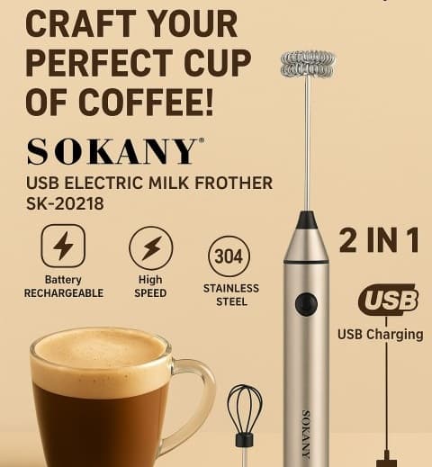 Sokany SK-02018 2-in-1 USB Rechargeable Coffee Beater Hand Mixer / Frother — image 2