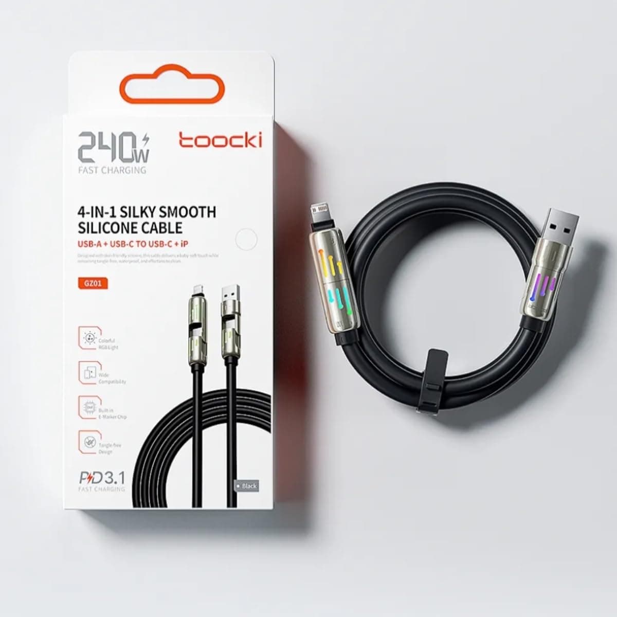 Toocki GZ01 240W 4-in-1 Multi Fast Charging Cable 2M Silky Silicone Cord RGB Glow Light — image 6