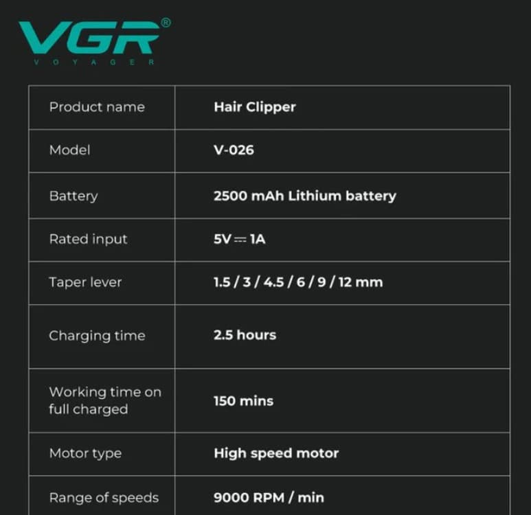 VGR V026 Professional Hair Clipper For Men 9000 RPM — image 5